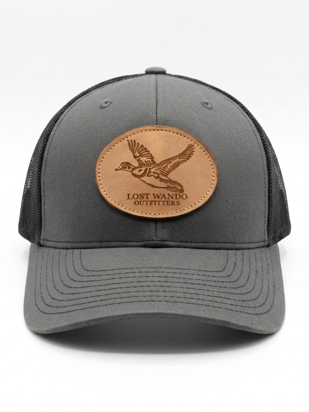 Lost Wando Outfitters Wood Duck Leather Patch Trucker Hat Richardson 112 Gray